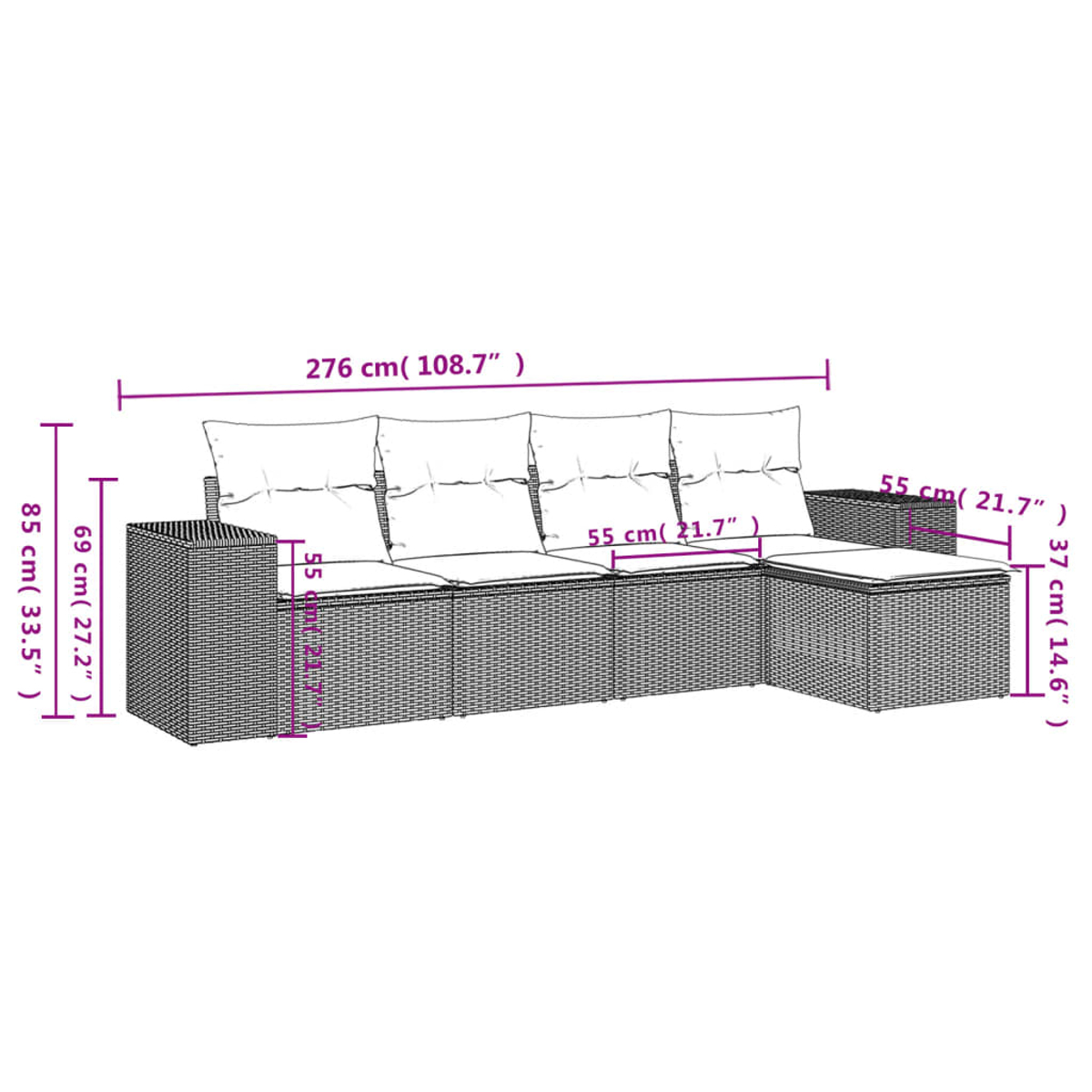 Ein Outdoor-Sofa aus Korbgeflecht mit Maßangaben. Es hat Kissen und einen Beistelltisch. Maße in cm und Zoll.