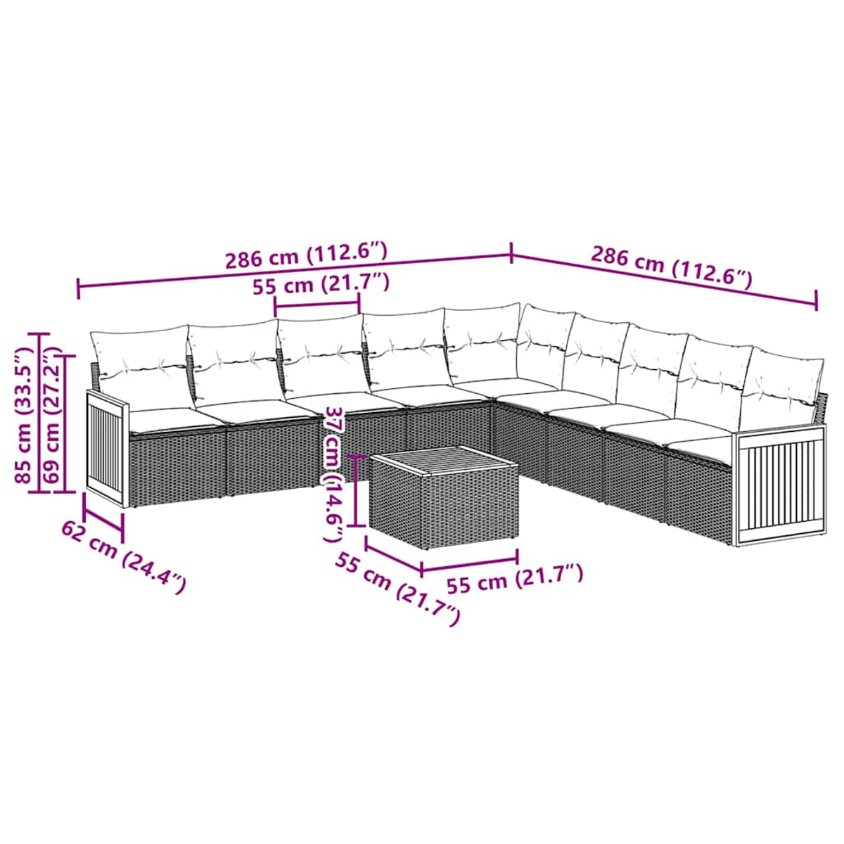 Ein Ecksofa und ein quadratischer Couchtisch werden mit Abmessungen gezeigt. Das Sofa hat Kissen und ein korbähnliches Design.