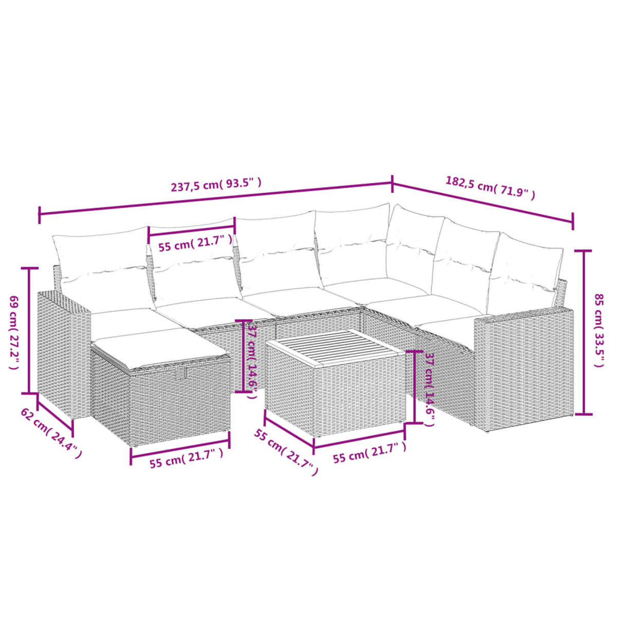 Outdoor-Ecksofa-Set mit Abmessungen. Inklusive Tisch und Fußstütze. Maße sind angegeben.