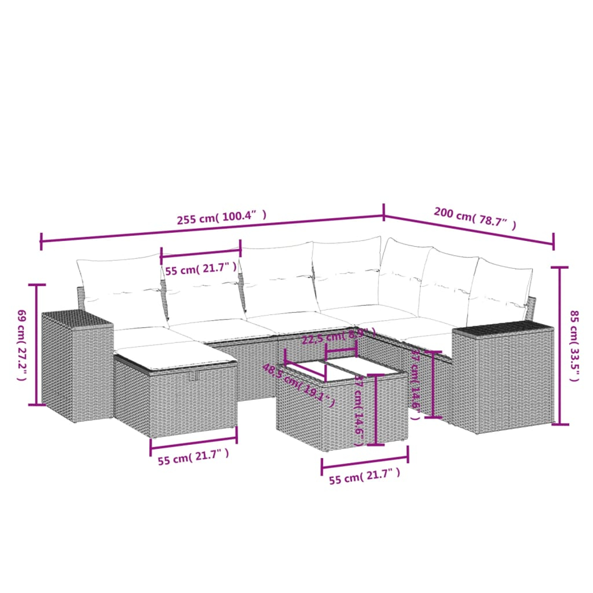 Diagramm eines grauen Rattan-Ecksofas mit Maßen. Inklusive Tisch, Kissen und Abmessungen in cm und Zoll.