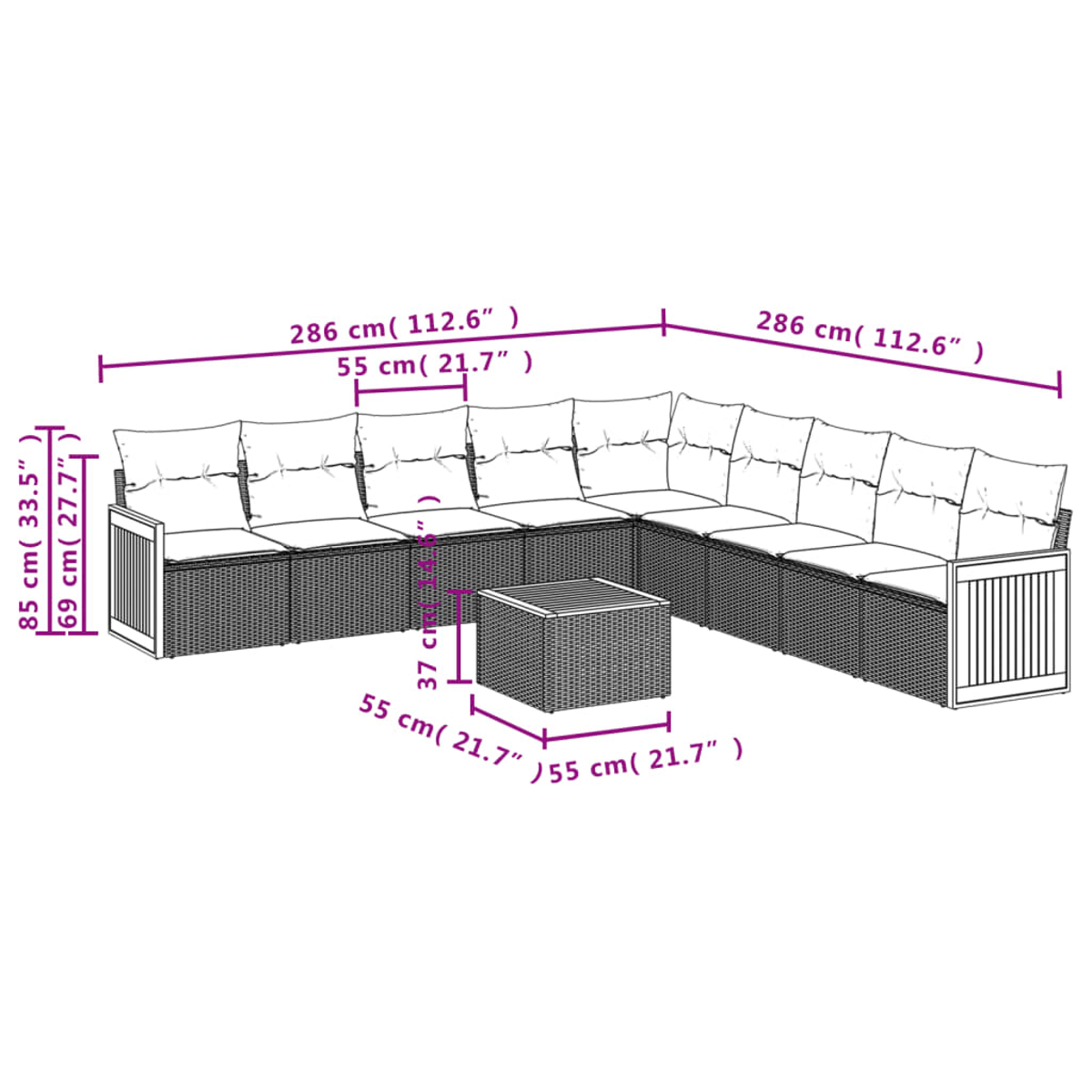 Ein großes Ecksofa für den Außenbereich mit passendem quadratischem Couchtisch. Maße sind in cm und Zoll angegeben.