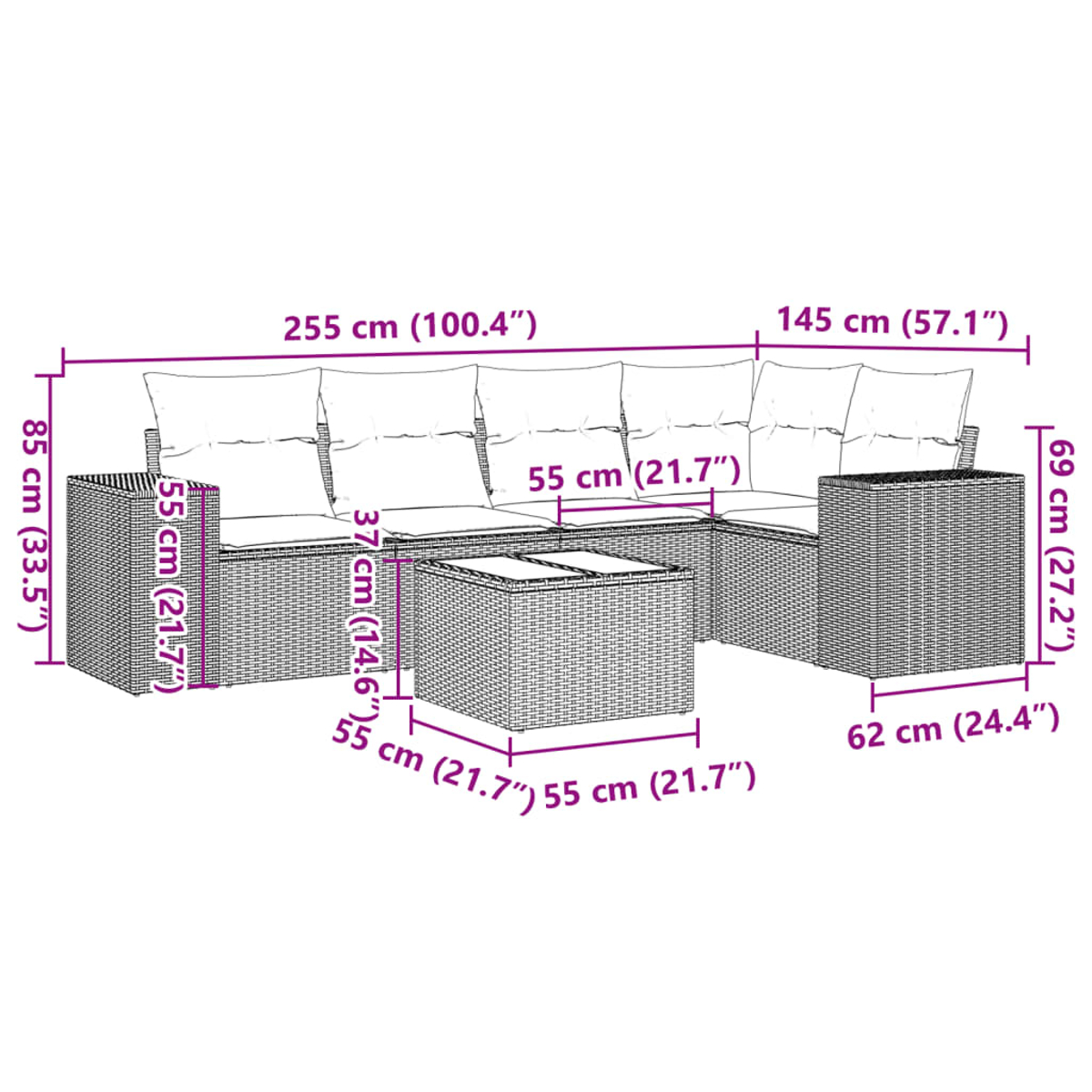 Geflochtenes Outdoor-Sofa und Couchtisch-Set mit Größenangaben in cm und Zoll, weiße Kissen.