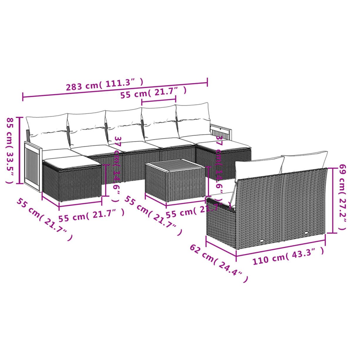 Diagramm eines Outdoor-Möbelsets aus Korbgeflecht mit Abmessungen. Enthält ein großes Sofa, ein Liebesgestell und einen quadratischen Couchtisch.