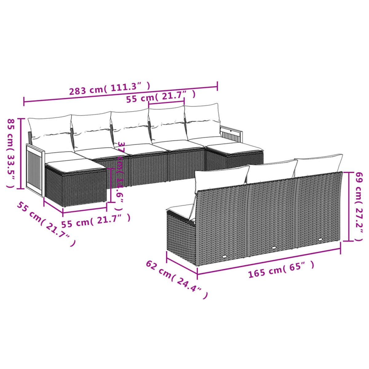 Eine illustrierte Darstellung eines modularen Outdoor-Sofasets. Abmessungen sind beschriftet, einschließlich Gesamtlänge, Höhe und Einzelstückgrößen.