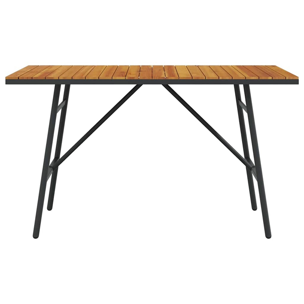 Ein rechteckiger Holztisch mit schwarzen Metallbeinen. Die Tischplatte besteht aus Holzlatten. Die Beine sind abgewinkelt und durch Streben verbunden.