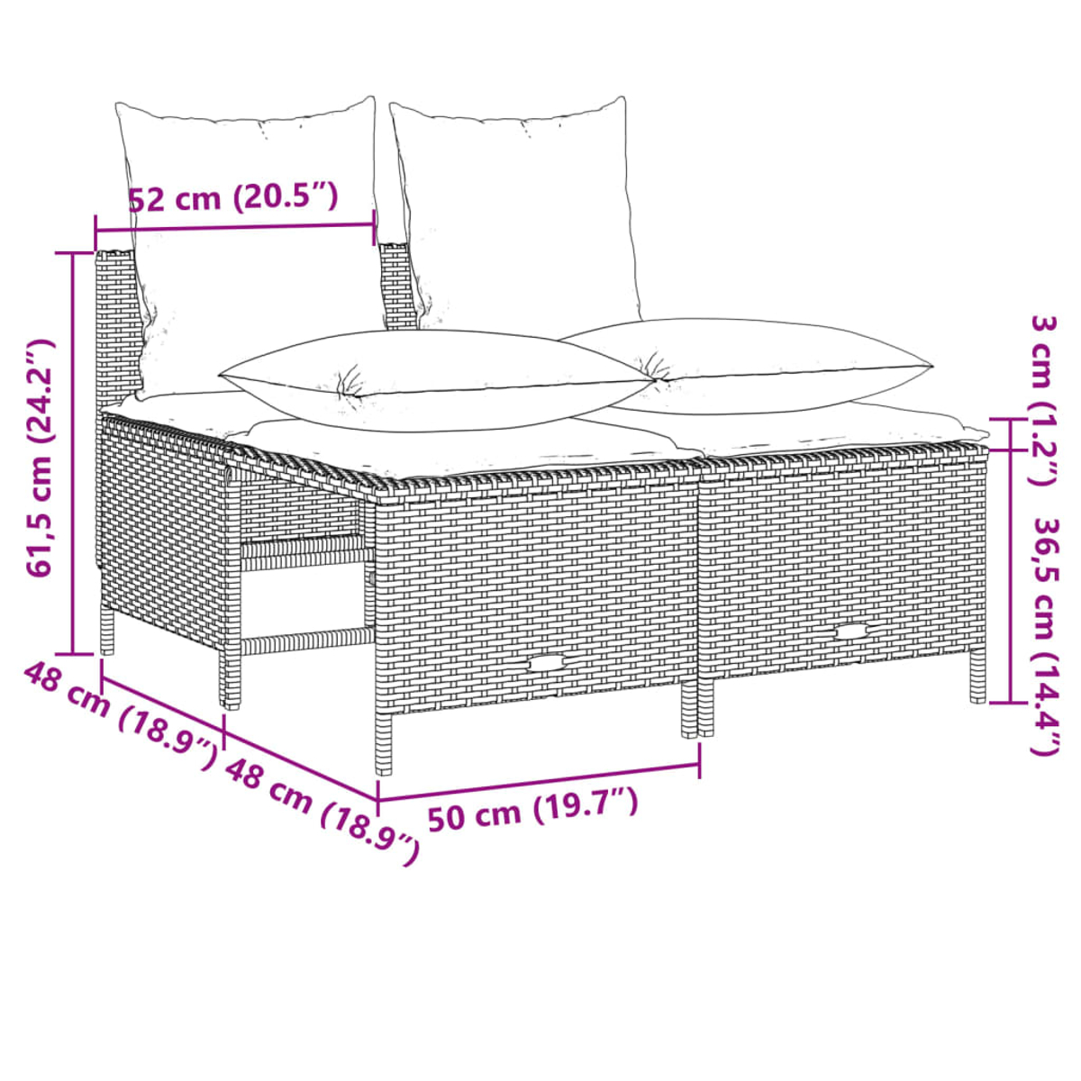 Ein zweisitziges Sofa aus Korbgeflecht mit Kissen. Abmessungen: 61,5 cm hoch, 50 cm breit und 36,5 cm tief. Zwei Rücken- und zwei Sitzkissen.
