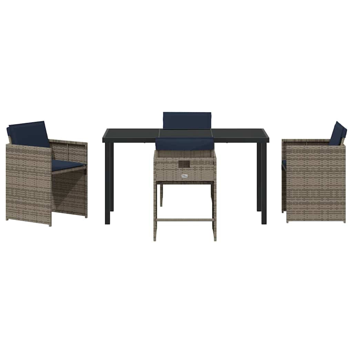 Juego de comedor al aire libre con mesa, dos sillas y un taburete. Las sillas y el taburete tienen cojines azules, la mesa tiene tapa negra.