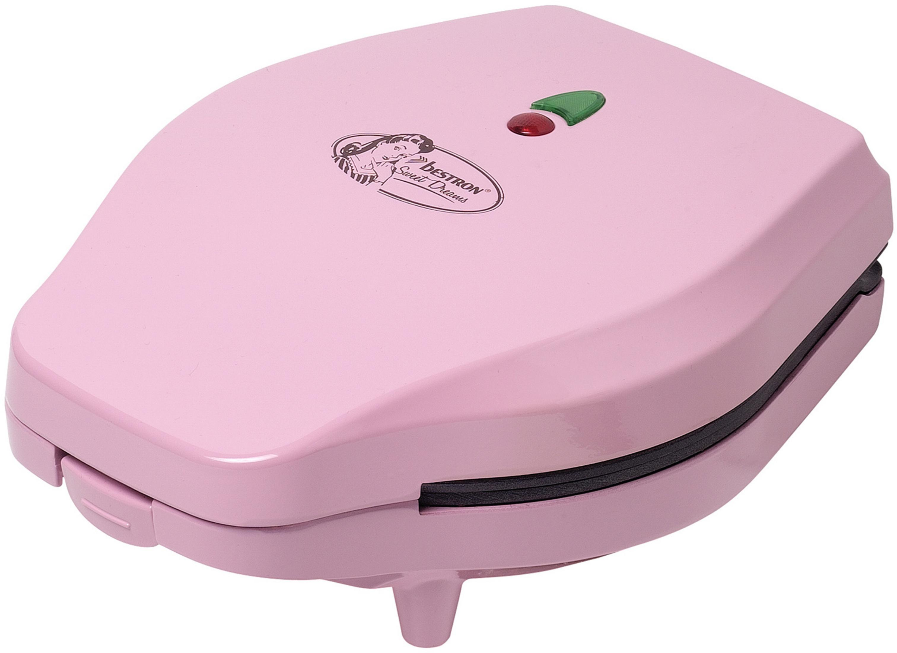 Máquina de gofres rosa con luces verdes y rojas y un logotipo que dice "Bestron Sweet Dreams".