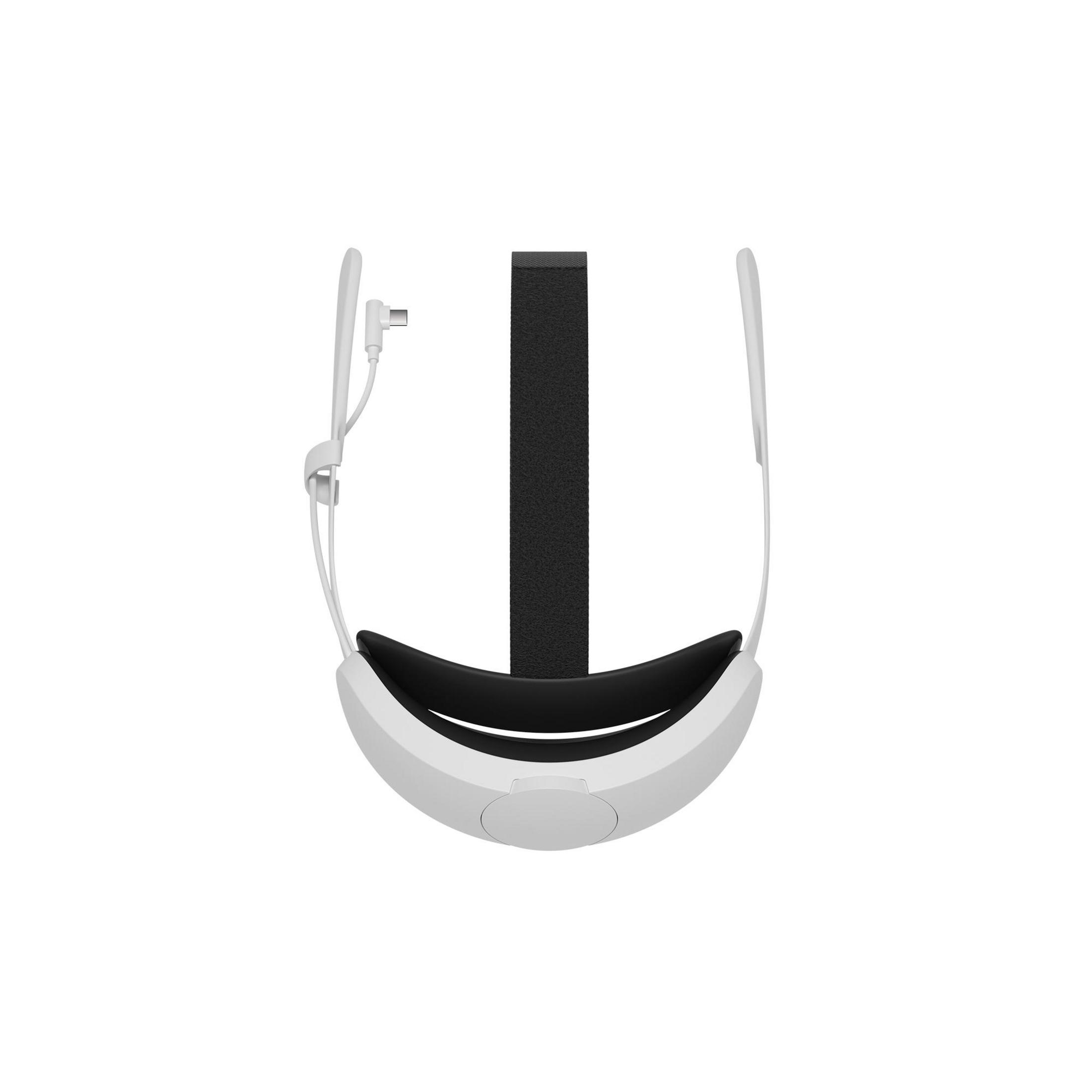 Ein weißes VR-Headset mit schwarzem Kopfband und Anschlusskabel vor weißem Hintergrund.