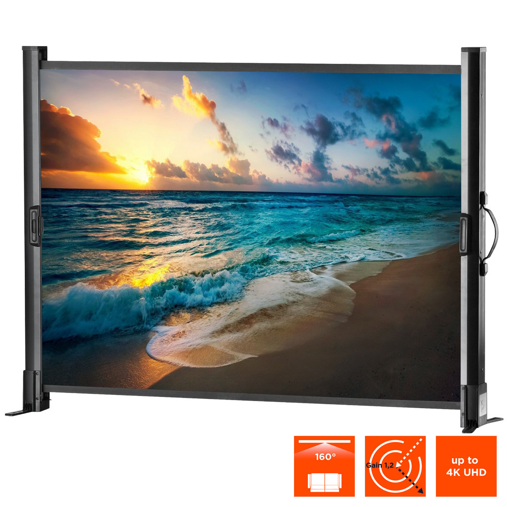 Ein ausziehbarer Bildschirm zeigt eine Strandszene mit Wellen, Sonnenuntergang und Symbolen für Betrachtungswinkel, Verstärkung und 4K UHD-Auflösung.