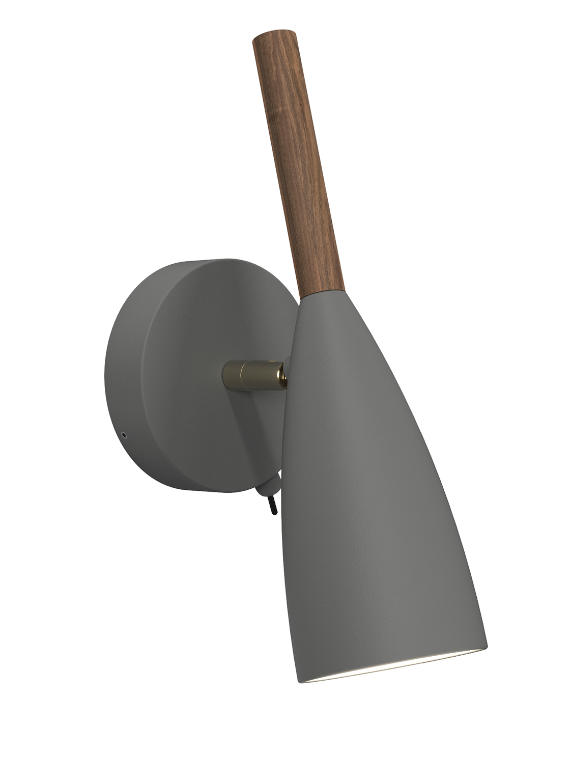 Eine graue Wandlampe mit Holzarm. Die Lampe hat einen konischen Schirm und einen runden Sockel. Der Hintergrund ist weiß.