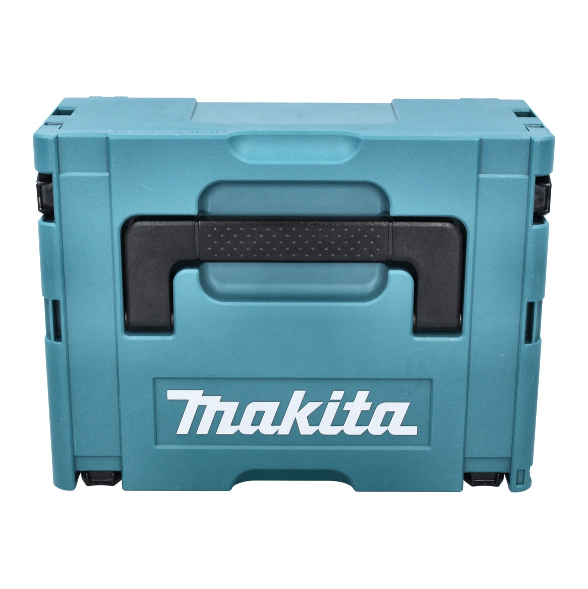 Eine türkisfarbene Makita-Werkzeugkiste mit schwarzem Griff. Das Makita-Logo ist weiß. Die Box ist geschlossen und auf weißem Hintergrund.