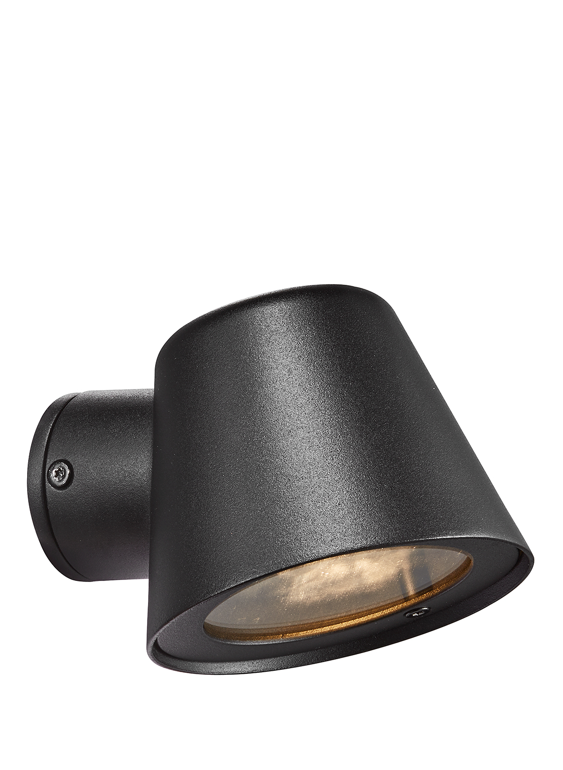 Eine schwarze, moderne Wandleuchte für den Außenbereich. Sie hat einen zylindrischen Sockel und einen konischen Schirm mit klarer Linse.