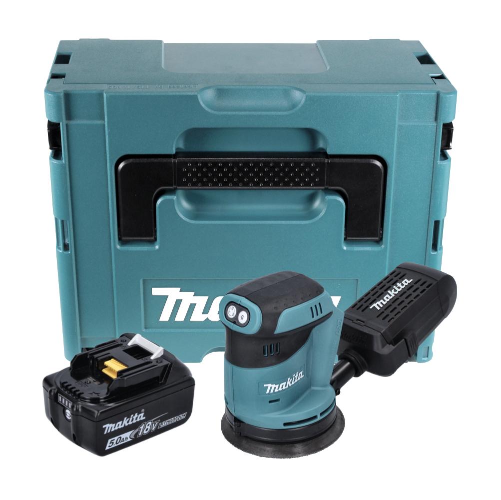 Ein teal Makita Werkzeugsatz. Enthält eine Werkzeugkiste, einen Schleifer, einen Akku und ein Ladegerät. Alle Artikel sind auf weißem Hintergrund.
