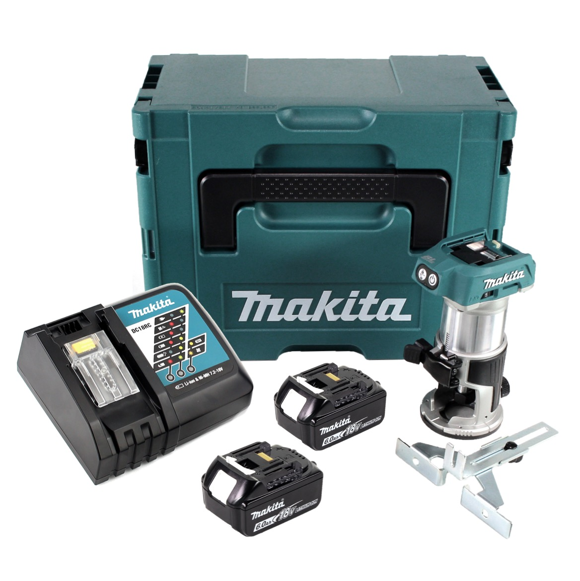 Ein Makita-Elektrowerkzeug-Set enthält einen tealfarbenen Koffer, ein Ladegerät, Batterien und einen Router. Alles vor weißem Hintergrund.