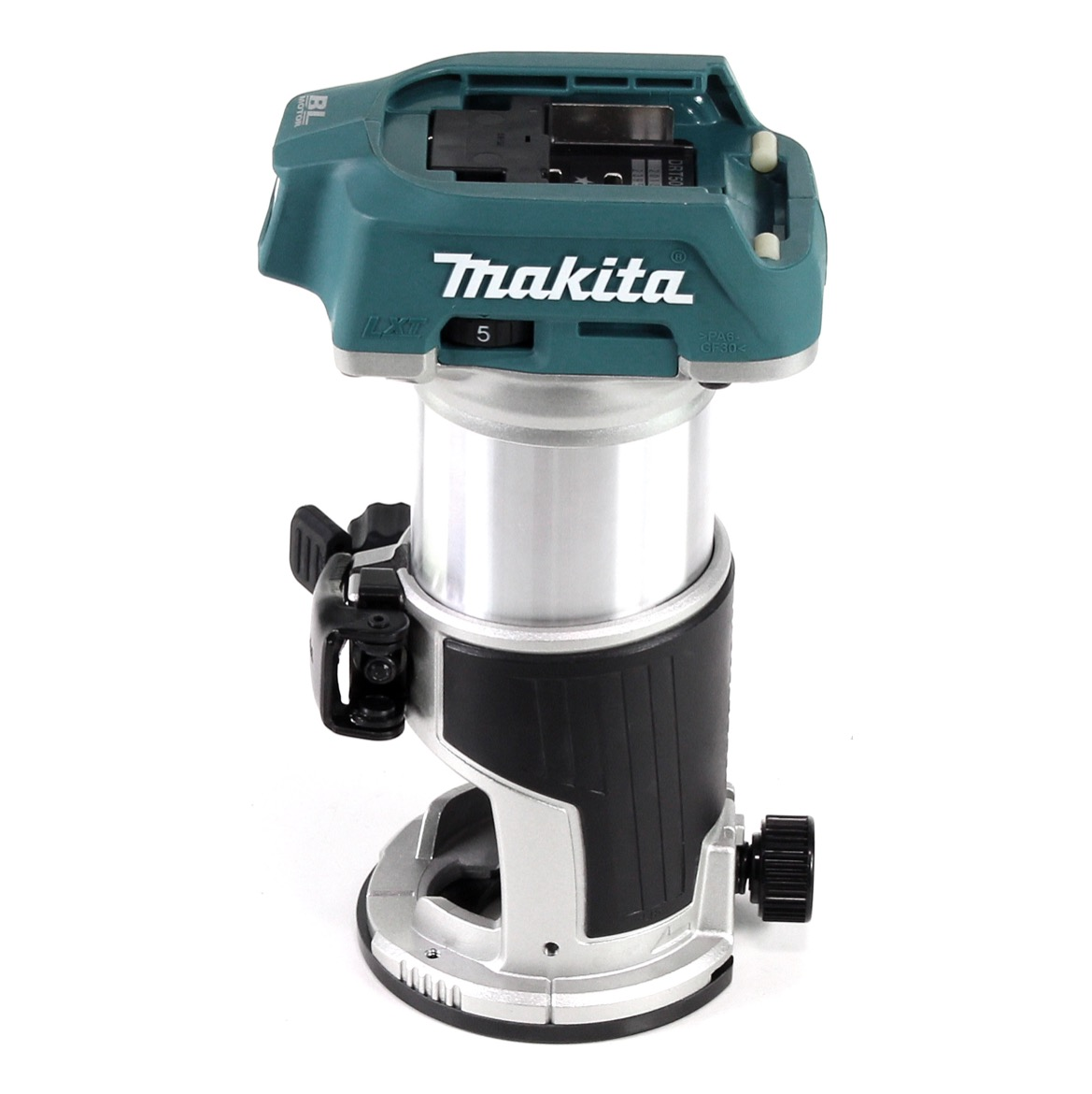 Ein Makita-Elektrowerkzeug mit teal- und silberfarbenem Gehäuse, schwarzem Griff und einem Drehknopf. Es steht auf einer weißen Oberfläche.