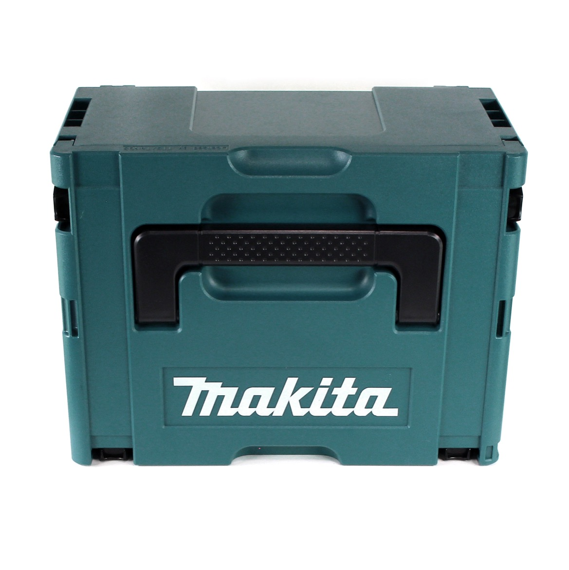 Eine teal Makita Werkzeugkiste mit schwarzem Griff und Makita Logo. Die Kiste steht auf weißem Untergrund.