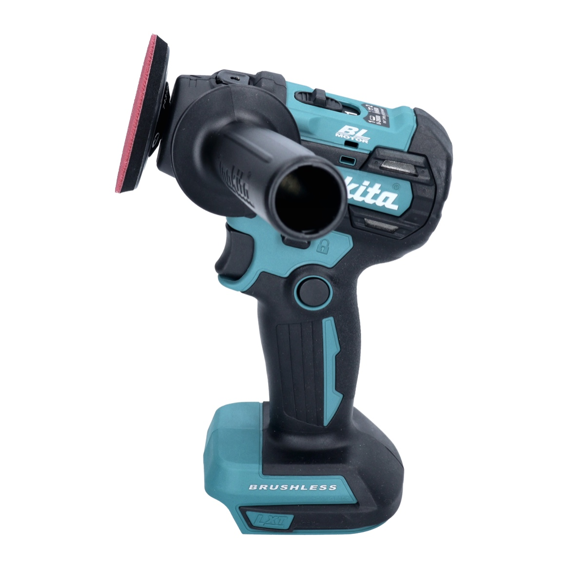 Ein teal-schwarzes Makita-Elektrowerkzeug mit einem roten Pad. Das Werkzeug ist kabellos und hat einen schwarzen Griff.