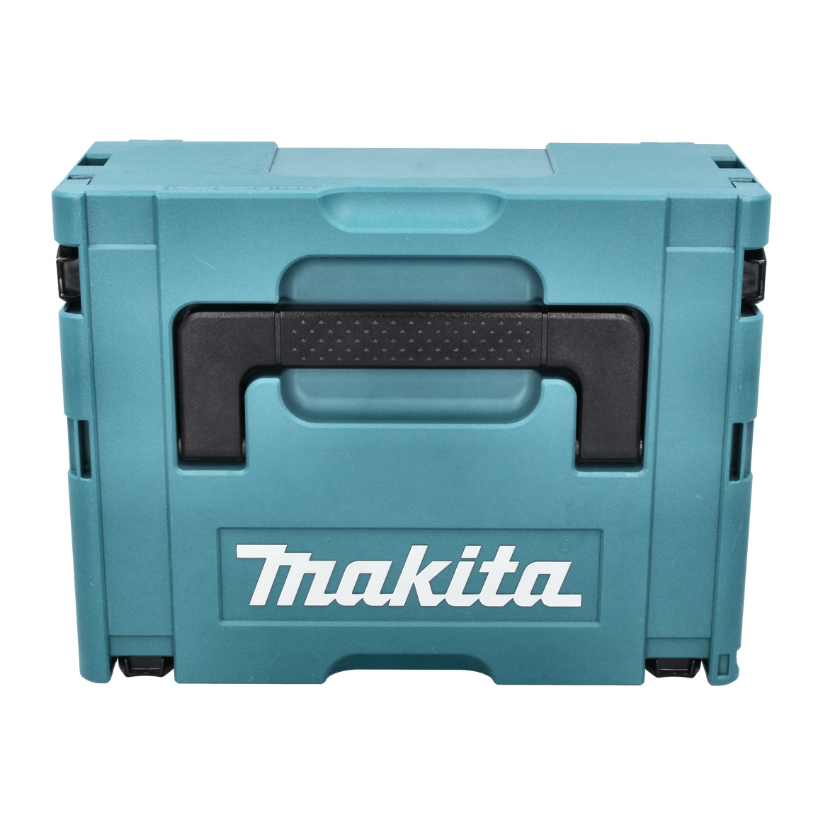 Eine türkisgrüne Makita-Werkzeugbox mit schwarzem Griff und Makita-Logo. Die Box ist geschlossen und steht vor weißem Hintergrund.