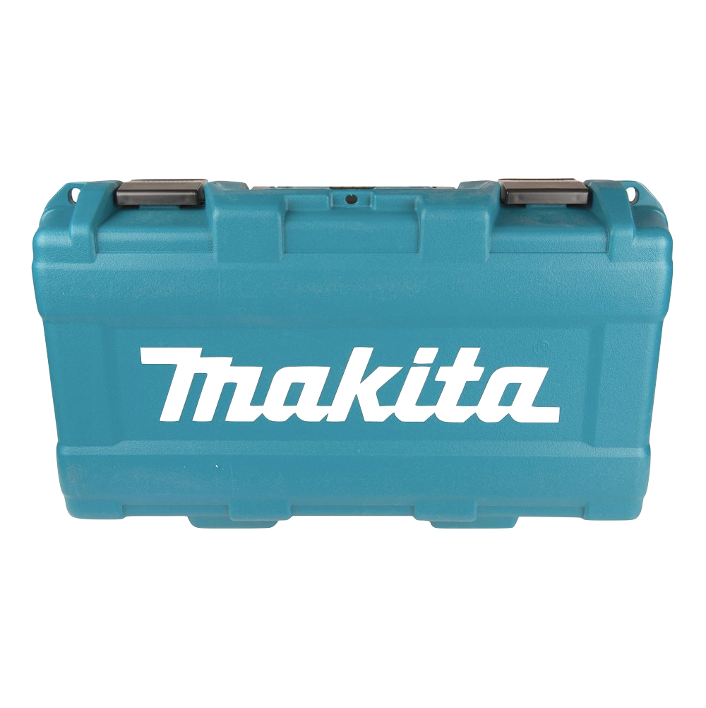 Ein türkisfarbener Makita-Werkzeugkoffer mit schwarzem Griff. Das Makita-Logo ist in Weiß auf der Vorderseite gedruckt.