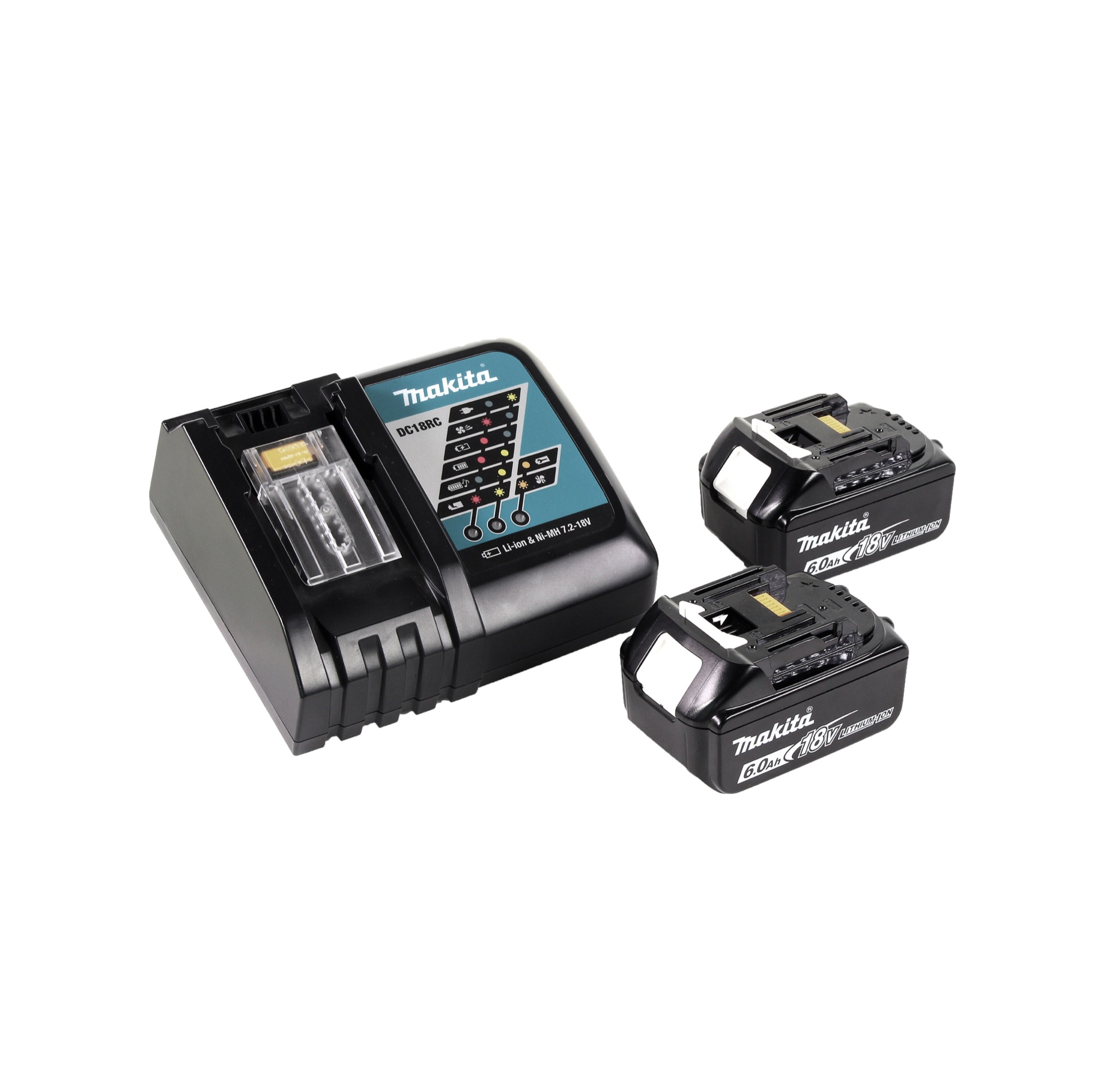 Ein schwarzes Makita-Batterieladegerät und zwei schwarze Makita 18V-Akkus auf weißem Grund, mit dem Makita-Logo sichtbar.