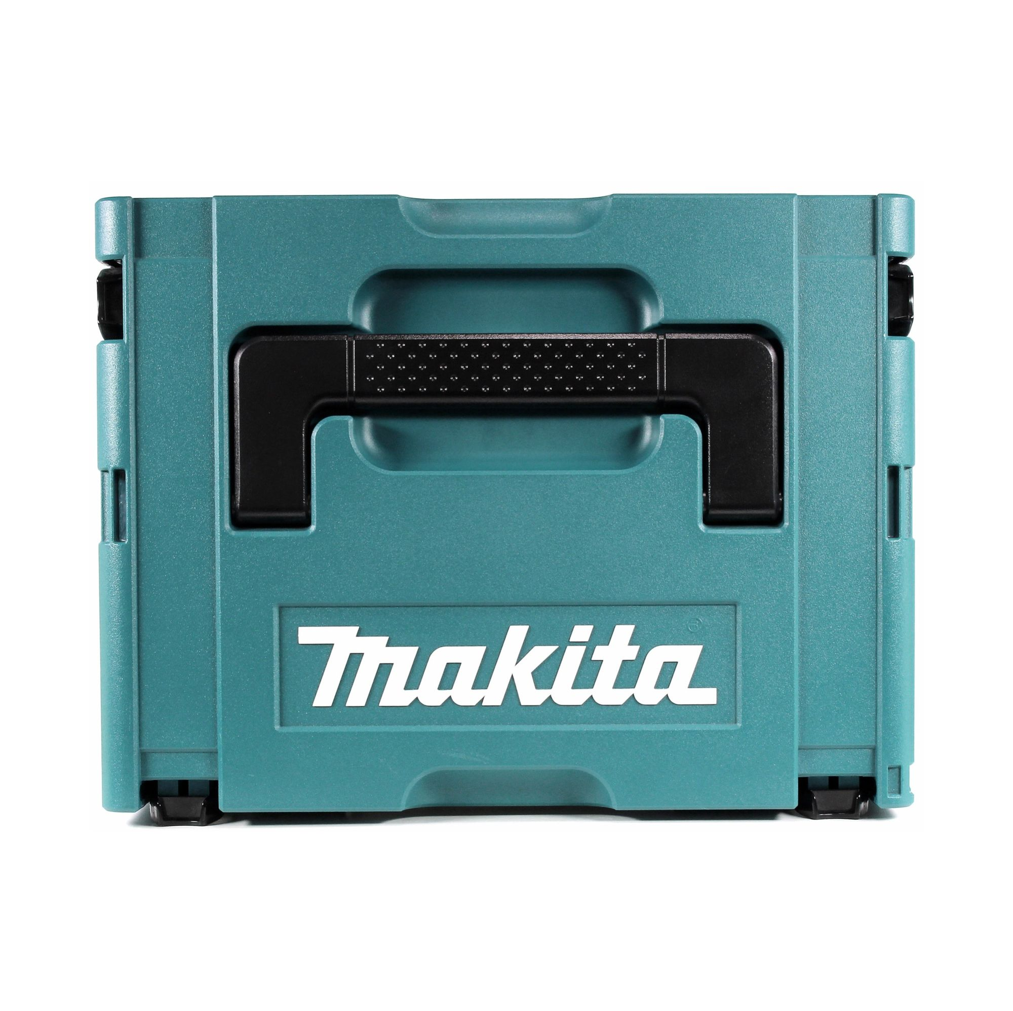 Eine türkisfarbene Makita-Werkzeugbox mit schwarzem Griff und Makita-Logo auf weißem Hintergrund.