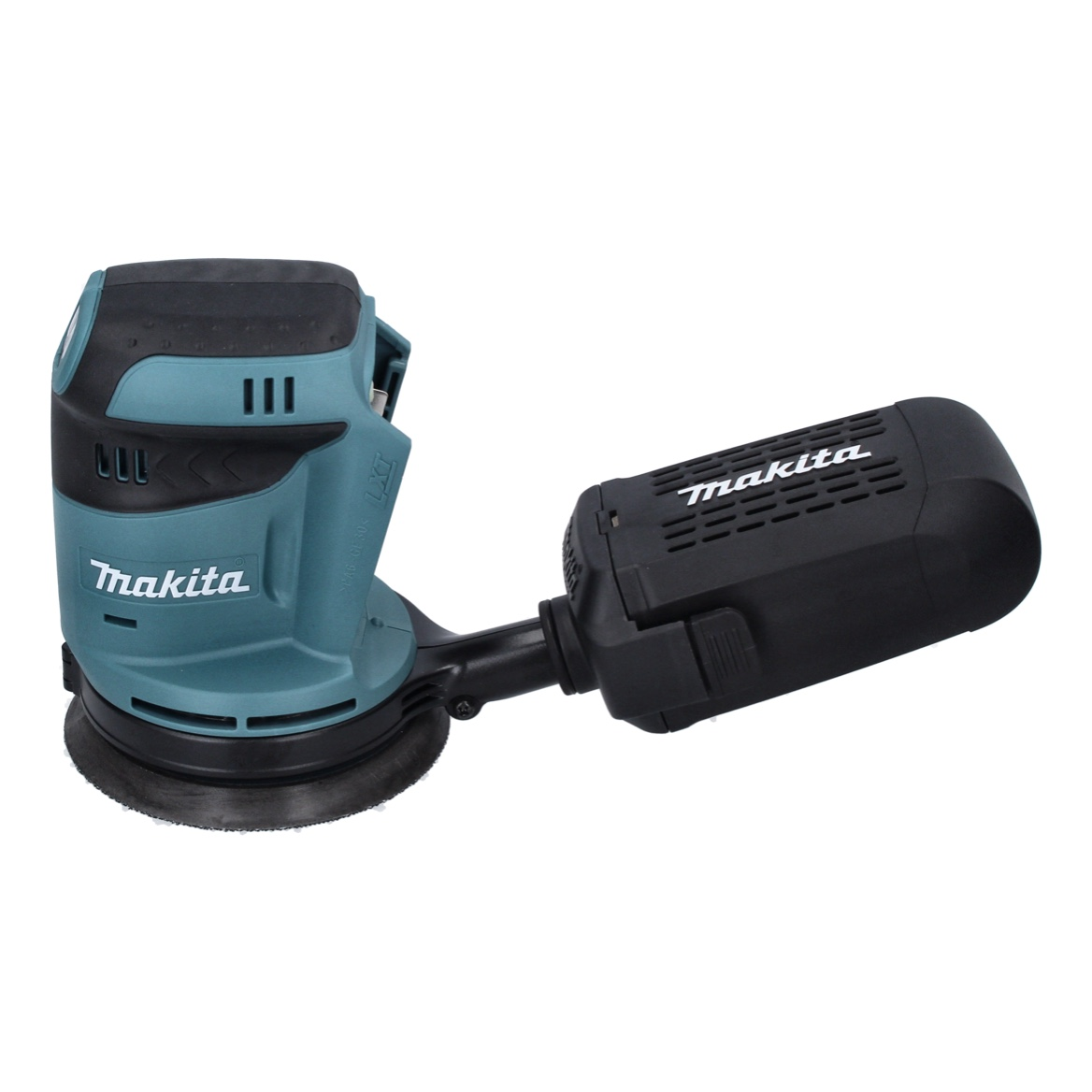 Ein teal-schwarzer Makita-Schleifer. Er hat ein rundes Schleifpad, eine Staubabsaugung und das Makita-Logo.