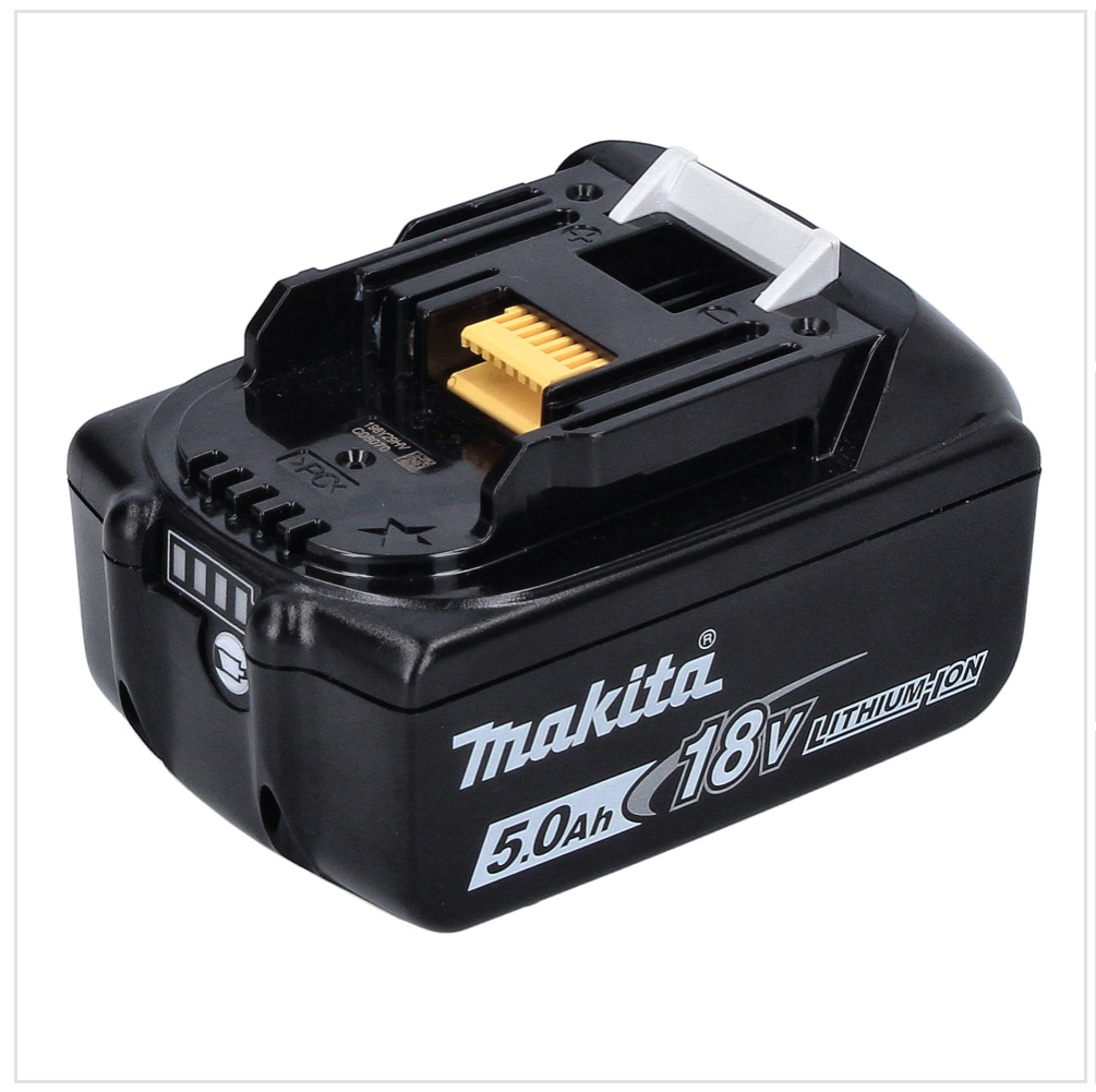 Schwarzer Makita 18V 5,0 Ah Li-Ionen-Akku. Verfügt über einen gelben Anschluss, weiße Akzente und eine Akku-Ladezustandsanzeige.