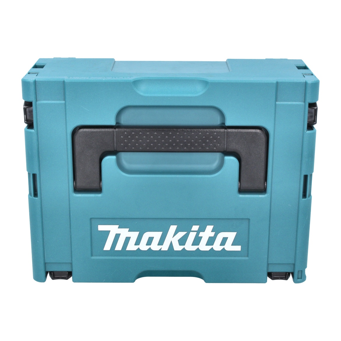 Eine teal Makita Werkzeugkiste mit schwarzem Griff. Das Makita-Logo ist weiß. Die Box ist geschlossen und auf weißem Hintergrund.