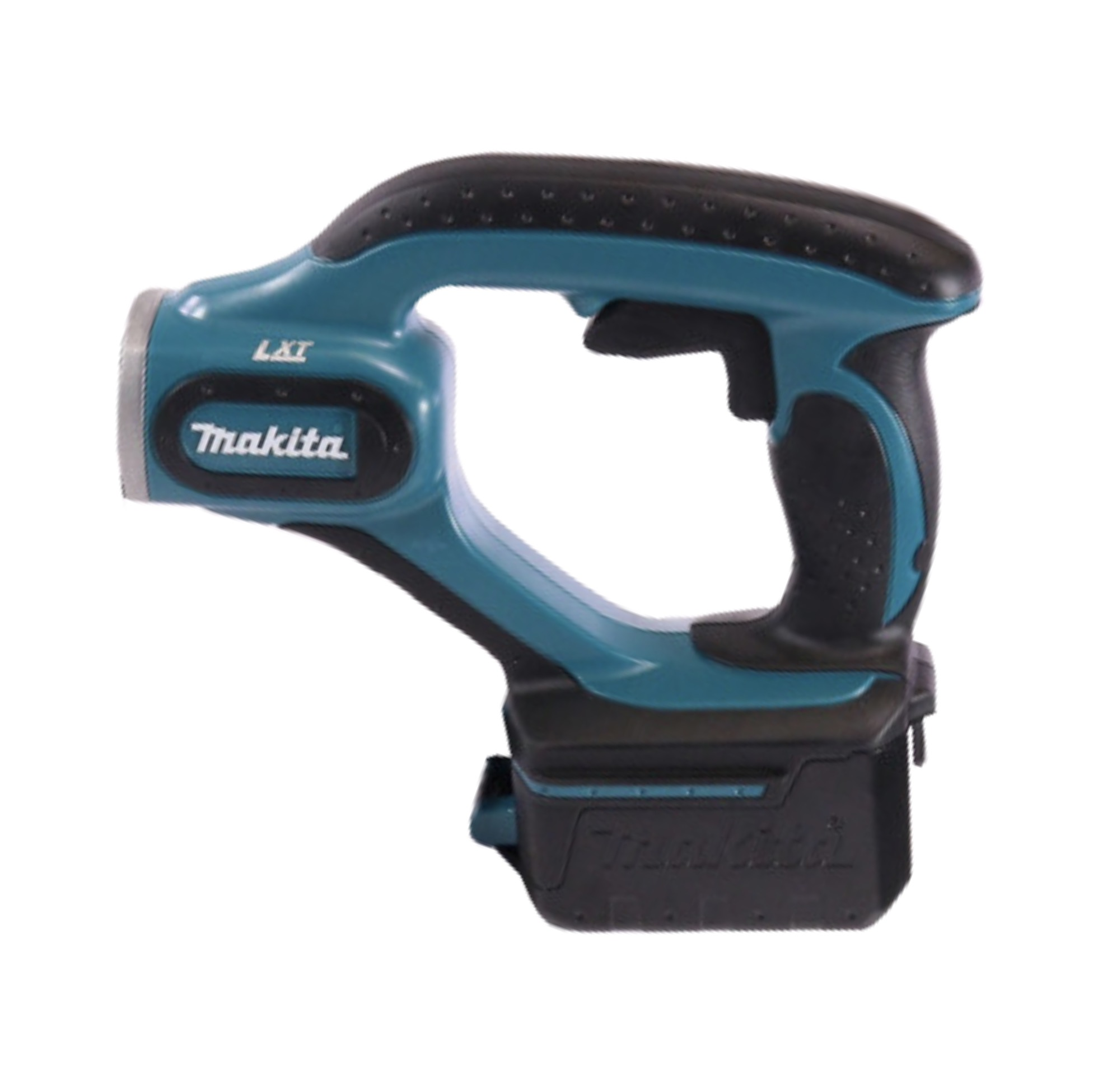 Eine teal-schwarze Makita LXT-Taschenlampe. Sie hat einen Griff und ein Licht. Der Hintergrund ist weiß.