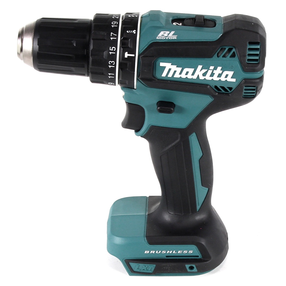 Gezeigt wird ein teal-schwarzer Makita Akku-Bohrschrauber. Er hat einen schwarzen Griff, einen teal-farbenen Sockel und das Makita-Logo in Weiß.