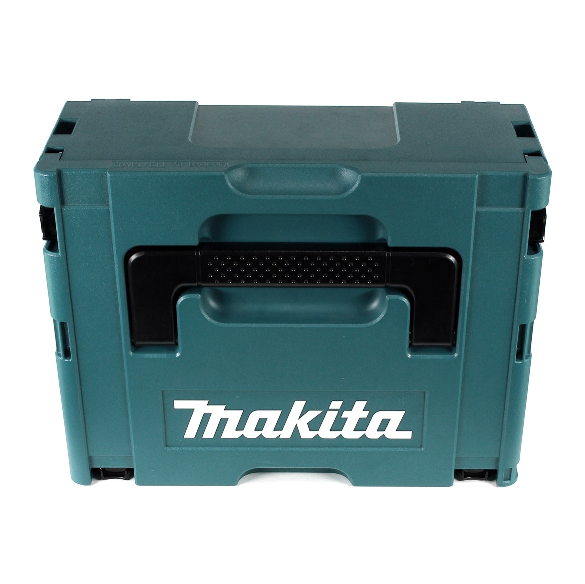 Eine teal Makita Werkzeugkiste mit schwarzem Griff und Logo auf der Vorderseite. Der Hintergrund ist weiß.