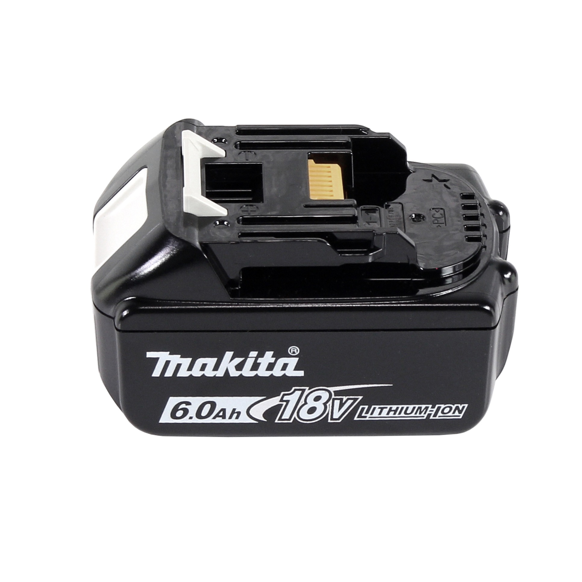 Ein schwarzer Makita 18V 6.0Ah Lithium-Ionen-Akku auf weißem Hintergrund. Der Akku hat einen weißen und gelben Einsatz.