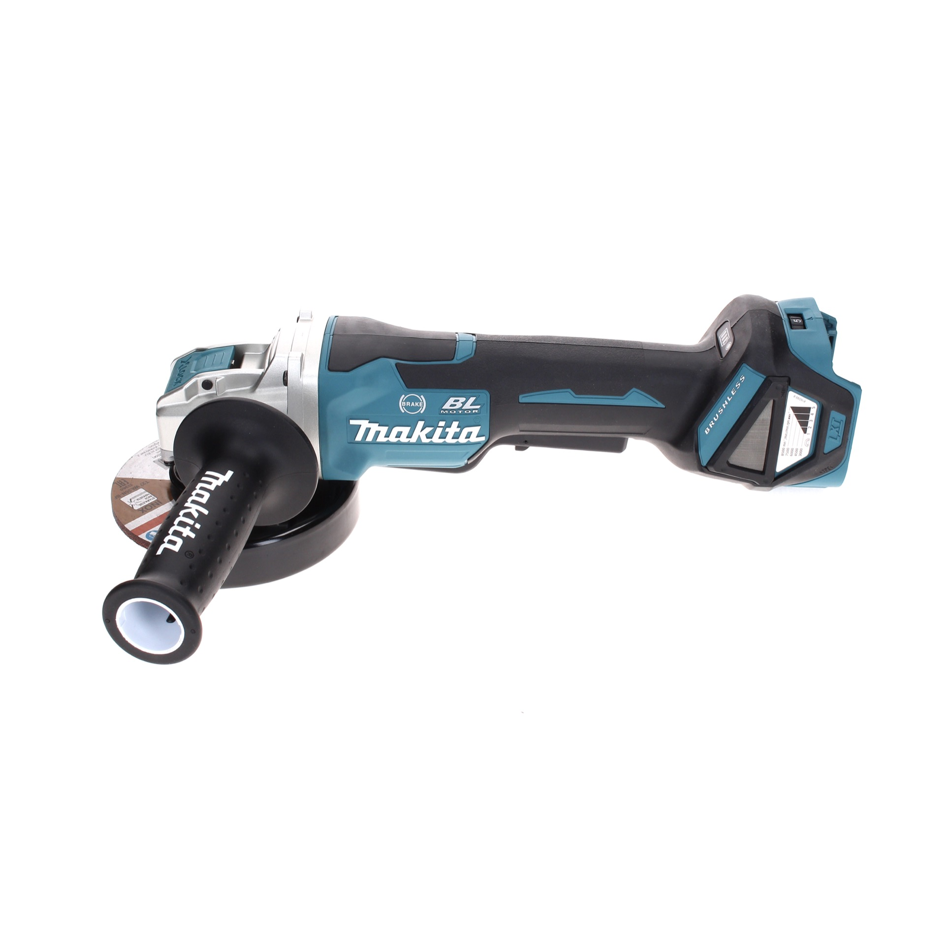Ein kabelloser Makita-Winkelschleifer. Er ist teal und schwarz mit einem schwarzen Griff. Die Scheibe ist sichtbar.