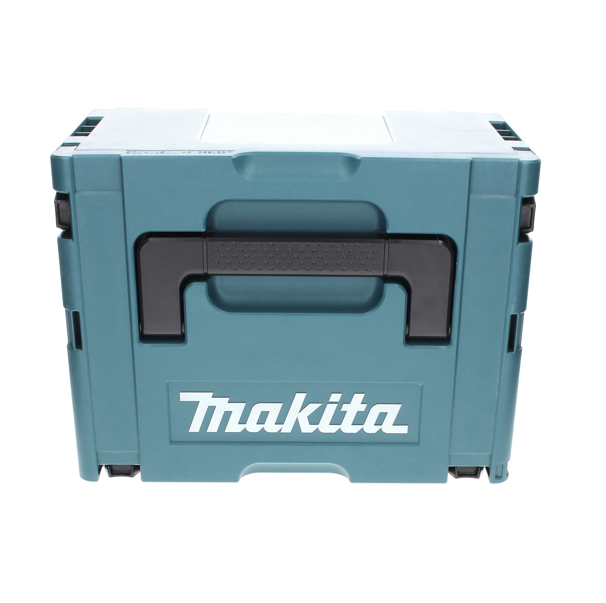 Eine teal-farbene Makita-Werkzeugbox mit schwarzem Griff und Logo. Sie steht vor einem weißen Hintergrund.