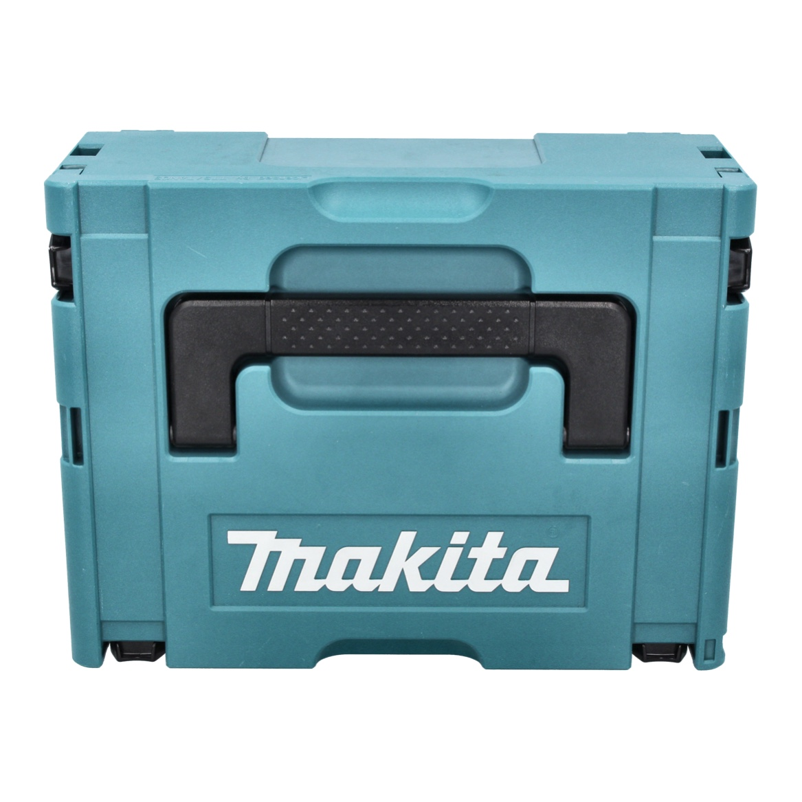 Eine türkisfarbene Makita-Werkzeugkiste. Sie hat einen schwarzen Griff und das Makita-Logo in Weiß. Die Box ist geschlossen und auf weißem Hintergrund.