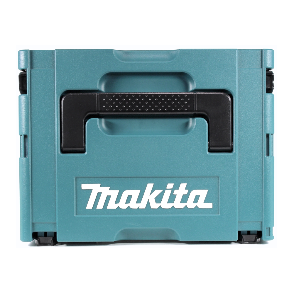 Eine türkisblaue Makita-Werkzeugkiste mit schwarzem Griff und weißem Markennamen auf weißem Hintergrund.