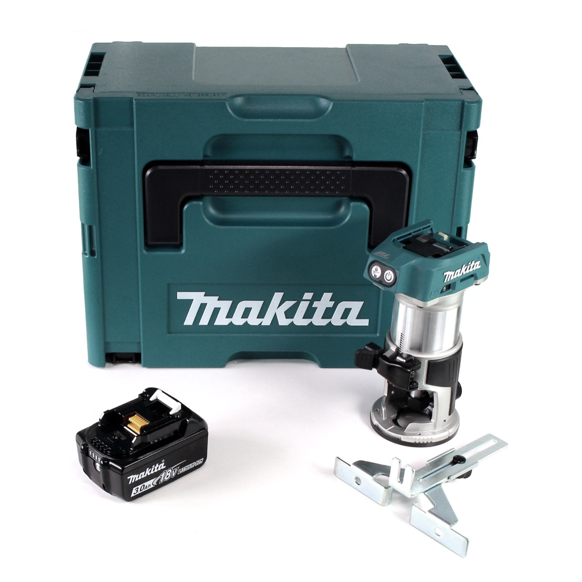 Ein Makita-Werkzeugset auf weißem Hintergrund. Enthält einen tealfarbenen Koffer, einen Router, eine Batterie und einen Metallaufsatz.