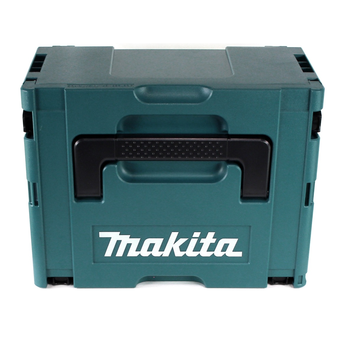 Eine teal Makita Werkzeugkiste mit schwarzem Griff und dem Makita-Logo in Weiß auf der Vorderseite.