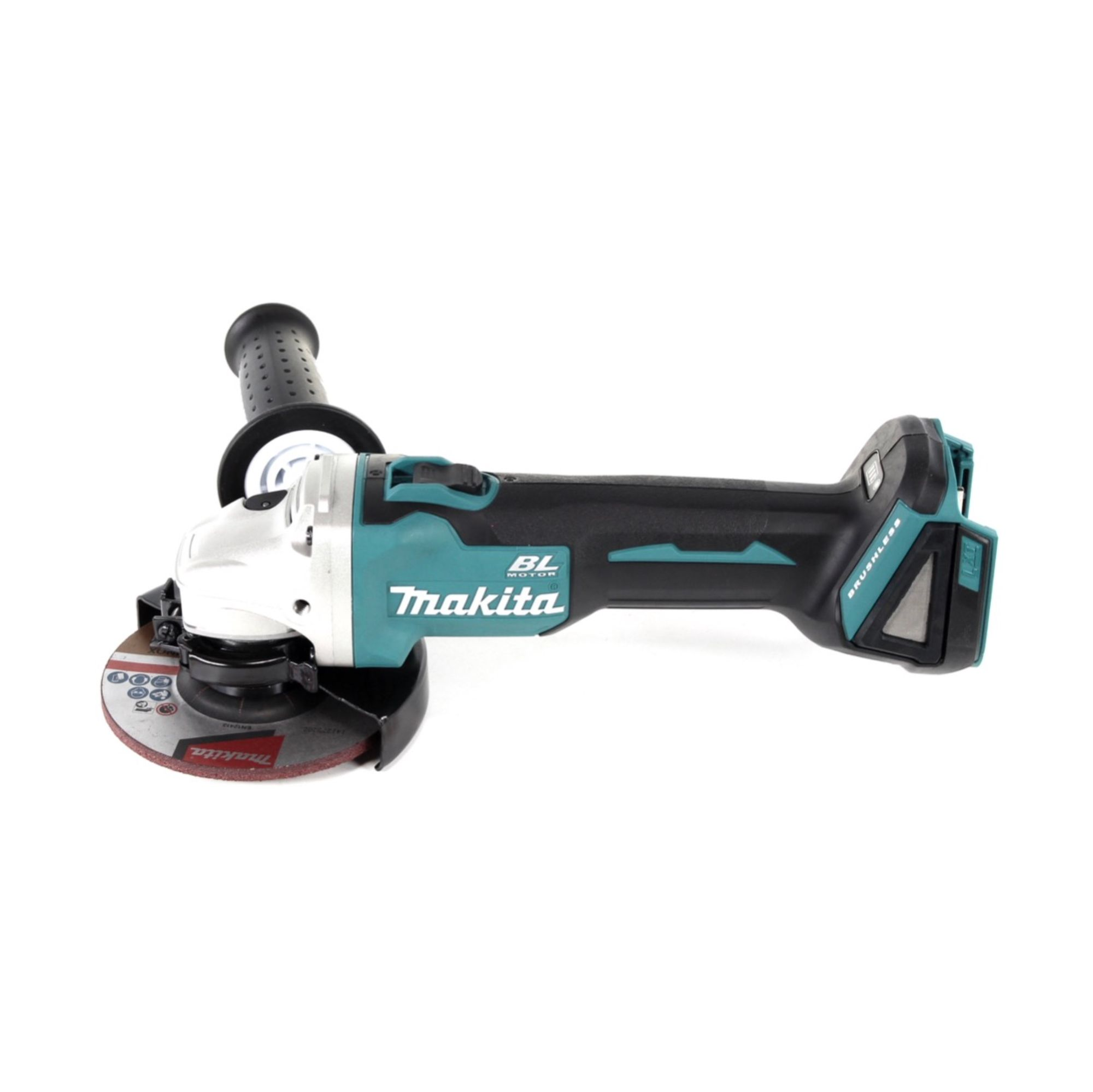 Ein kabelloser Makita-Winkelschleifer auf weißem Hintergrund. Er ist teal, schwarz und silber mit einer roten Schleifscheibe.