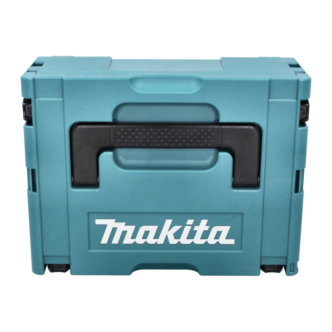 Türkisfarbene Makita-Werkzeugkiste. Schwarzer Griff oben. Weißes Makita-Logo vorne. Schwarze Scharniere an den Seiten.
