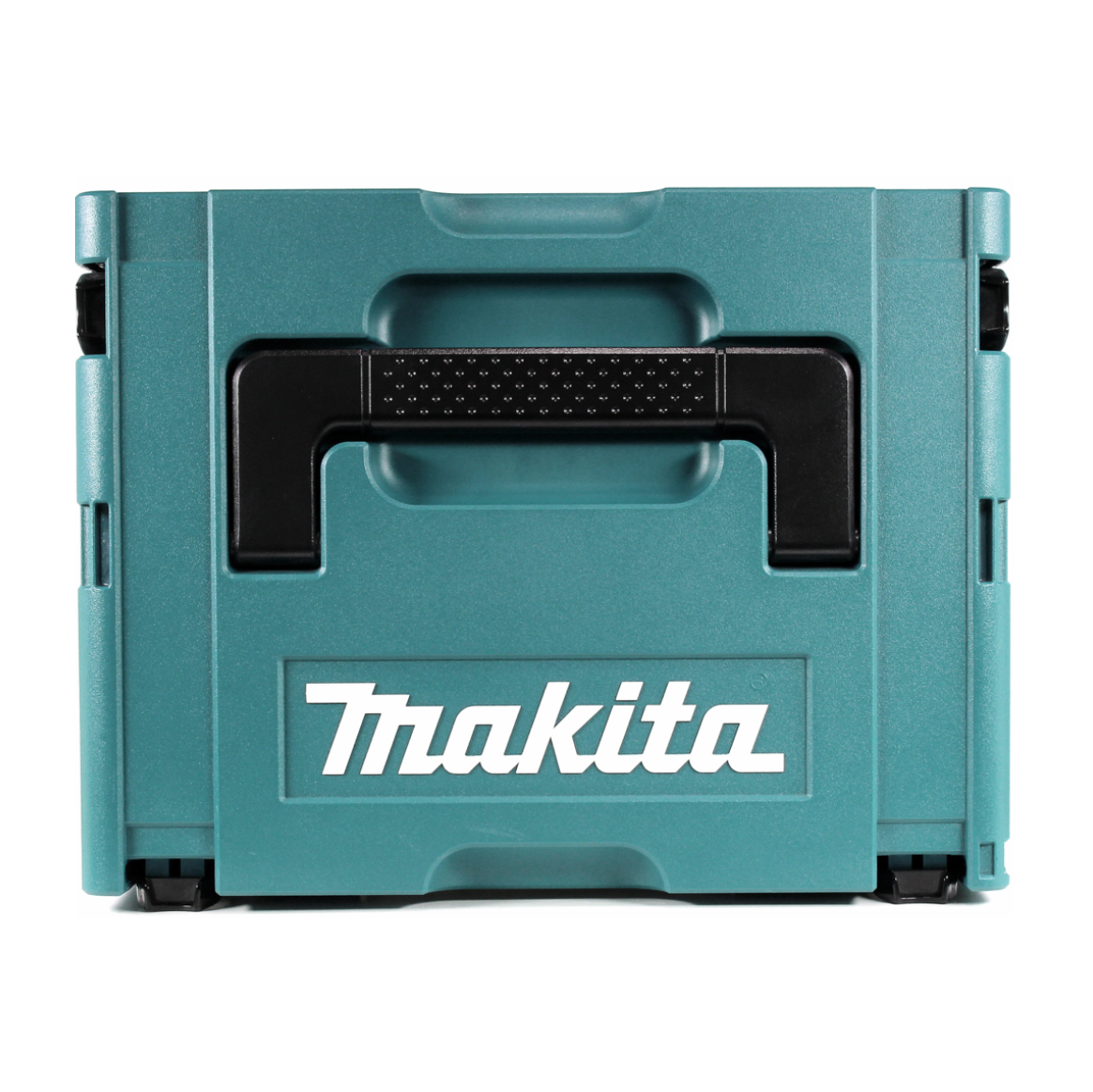 Eine türkisfarbene Makita-Werkzeugkiste mit schwarzem Griff und dem Makita-Logo. Die Werkzeugkiste befindet sich auf weißem Hintergrund.