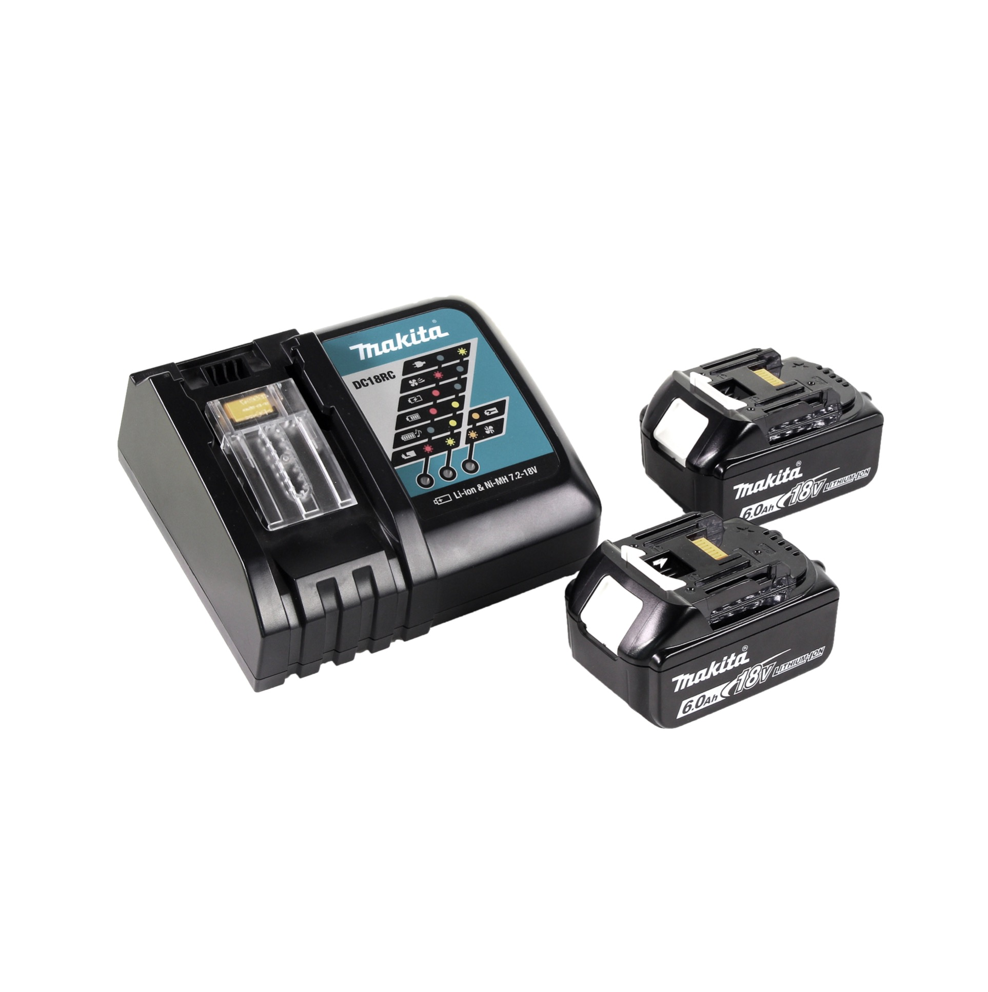 Ein schwarzes Makita-Batterieladegerät mit zwei Akkus. Das Ladegerät hat ein Display und die Akkus sind schwarz.