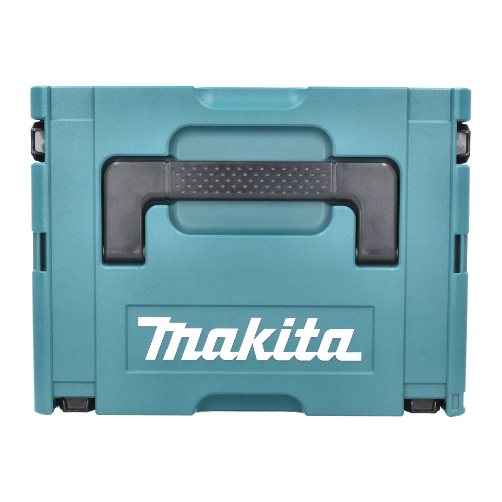 Eine türkisfarbene Makita-Werkzeugbox mit schwarzem Griff. Das Makita-Logo ist weiß. Die Werkzeugbox ist geschlossen und quadratisch.