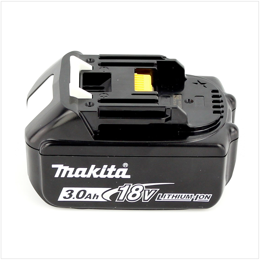 Schwarzer Makita 18V 3.0Ah Lithium-Ionen-Akku. Weißes Makita-Logo, gelbe und weiße Kunststoffelemente oben und schwarzer Körper.