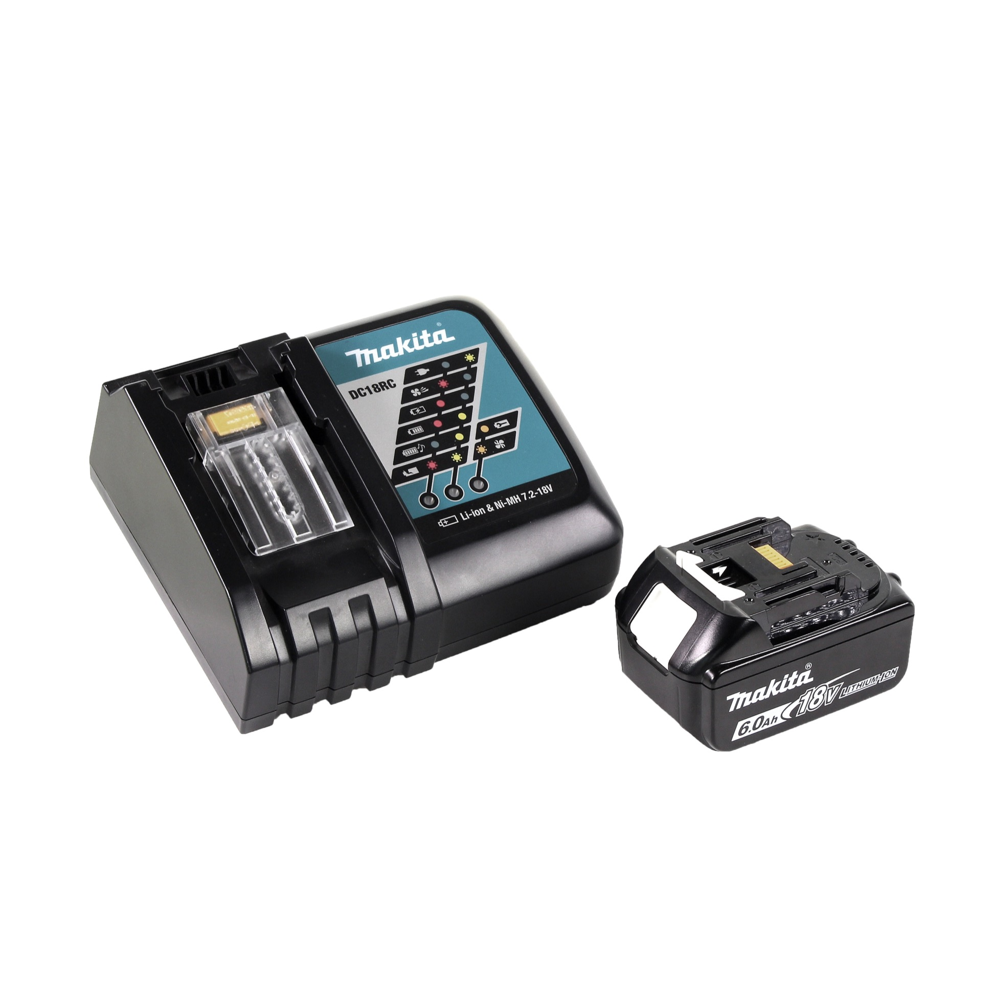 Schwarzes Makita-Ladegerät und -Akku auf Weiß. Das Ladegerät zeigt den Ladestatus an. Akku mit 6,0 Ah 18 V Lithium-Ionen.