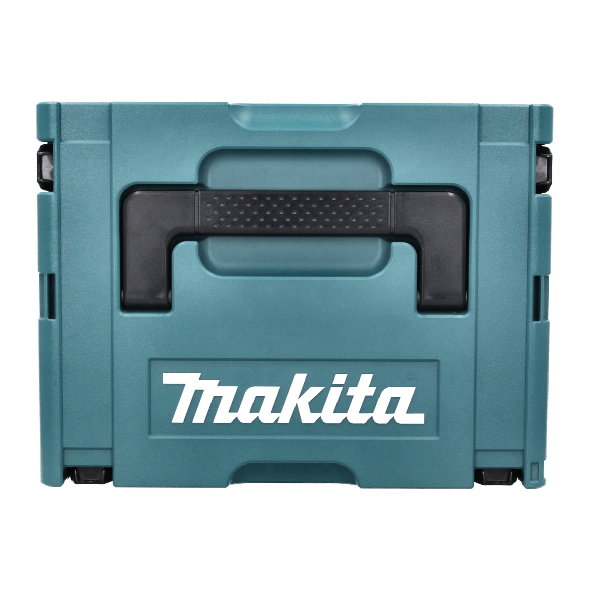 Eine teal Makita Werkzeugkiste mit schwarzem Griff und dem weißen Makita-Logo.