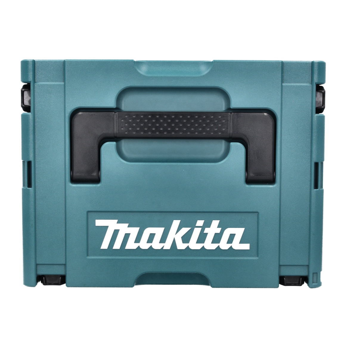 Eine teal Makita-Werkzeugkiste mit schwarzem Griff und dem weißen Makita-Logo. Sie ist geschlossen und hat eine rechteckige Form.