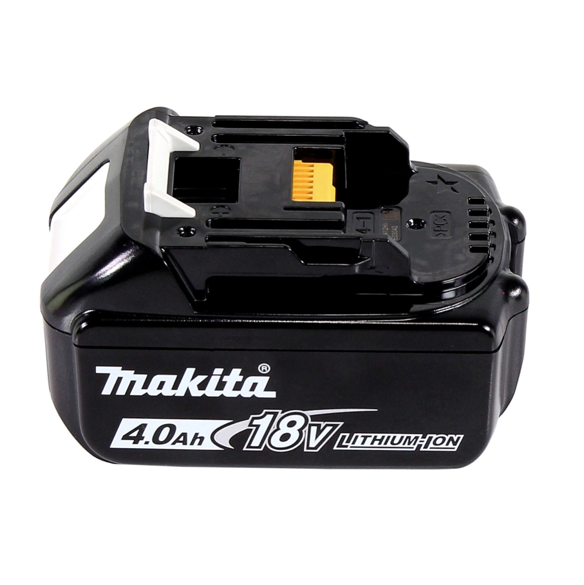 Ein schwarzer Makita 18V Lithium-Ionen-Akku mit weißer Schrift und einem gelben Stecker. Er hat eine schwarze Oberseite mit verschiedenen Schlitzen und Rillen.
