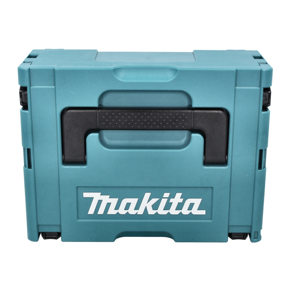 Eine teal Makita-Aufbewahrungsbox mit schwarzem Griff. Das Makita-Logo ist weiß. Es befindet sich auf weißem Hintergrund.